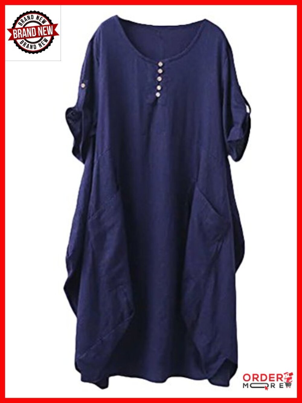 Plus Size Cotton Linen Midi Tunic Dress with Pockets